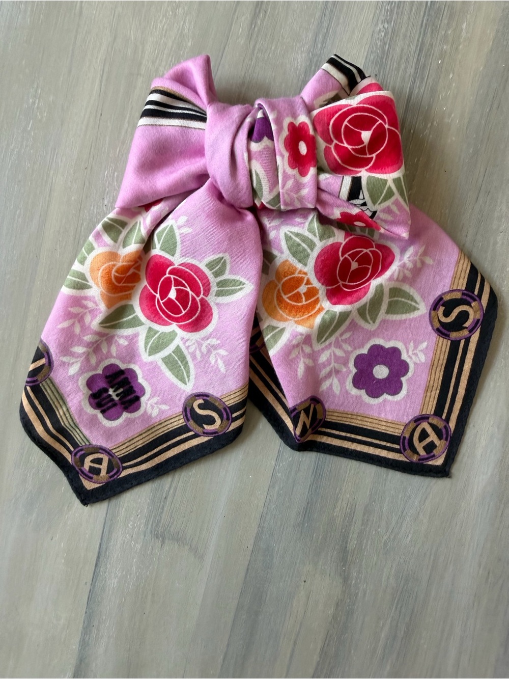 Anna Sui floral cotton scarf Bandana Roses Butterfly Purple Hair Bow Bag Scarf - Picture 2 of 12
